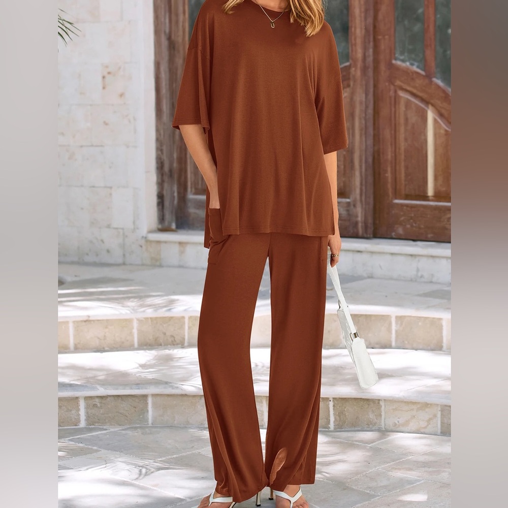 Short Sleeve Pullover Tops And Wide Leg Pants Two Piece Sets Size Large
